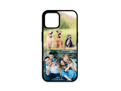 Example of a 2 Photo Collage Custom Phone Case for iPhone featuring two photos of a family and their dogs, showcasing personalized design options.