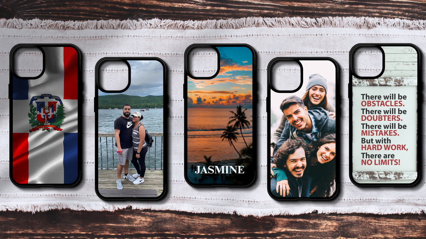 Five custom phone cases with showcasing different photos and designs displayed on a wood background, highlighting personalized designs.