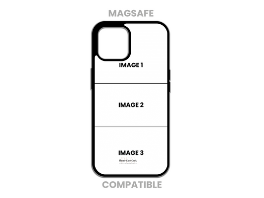 Template layout for MagSafe compatible 3 Photo Collage Custom Phone Case for iPhone, displaying design options for photo placement.