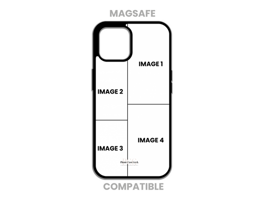 Template layout for MagSafe-compatible 4 Photo Collage Custom Phone Case for iPhone, showcasing design options for photo placement.