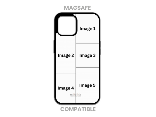 Template layout for MagSafe-compatible 5 Photo Collage Custom Phone Case for iPhone, illustrating photo placement options for personalization.