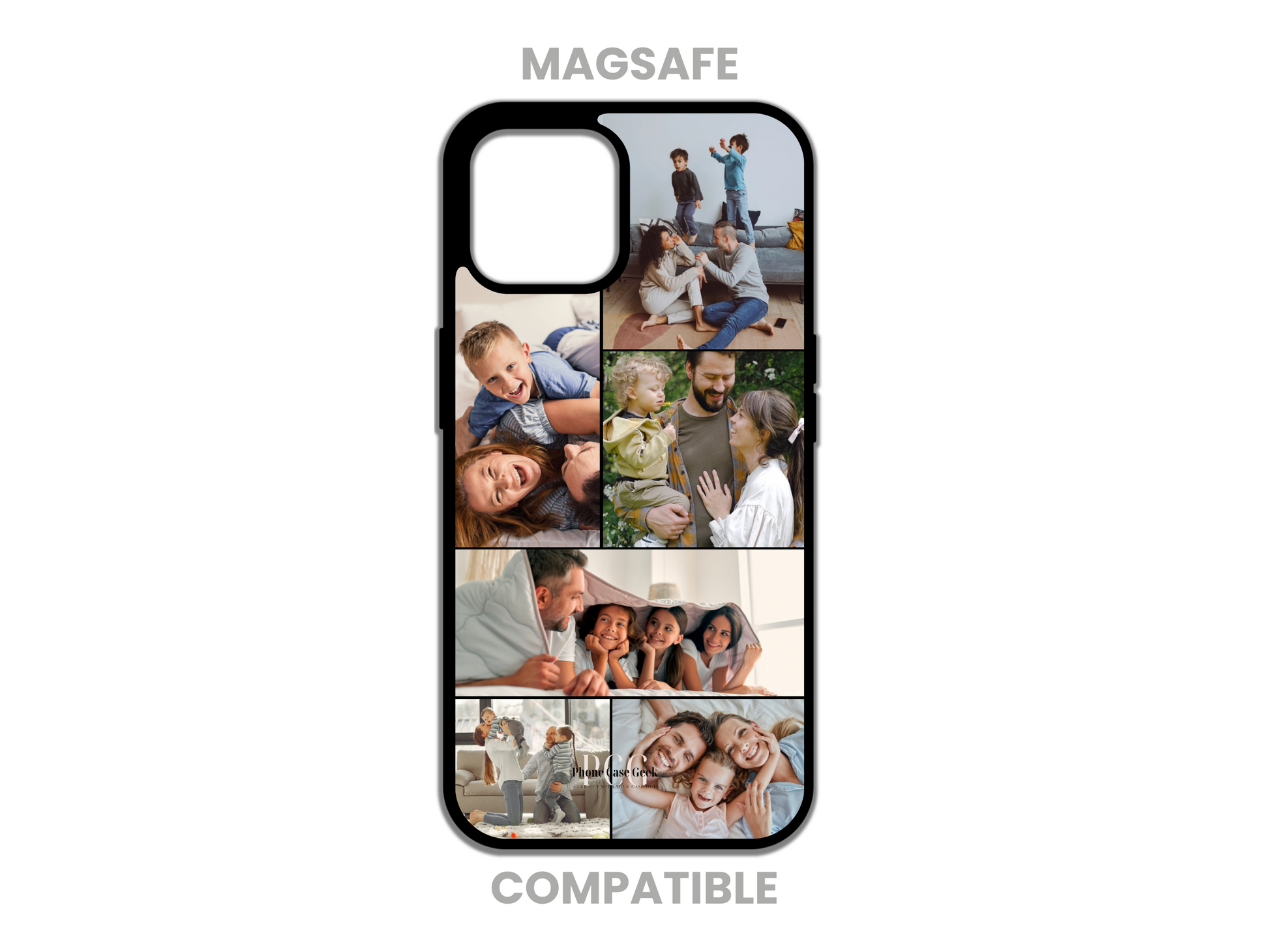 Example of a MagSafe-compatible 6 photo collage custom phone case for iPhone, showcasing cherished family moments and personalized design options.