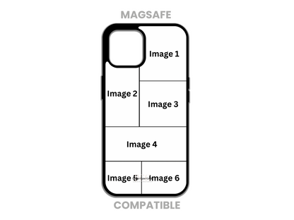 Template layout for a MagSafe-compatible 6 photo collage custom phone case for iPhone, demonstrating design and photo placement options for customization.