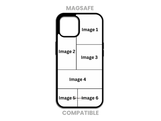 Template layout for a MagSafe-compatible 6 photo collage custom phone case for iPhone, demonstrating design and photo placement options for customization.