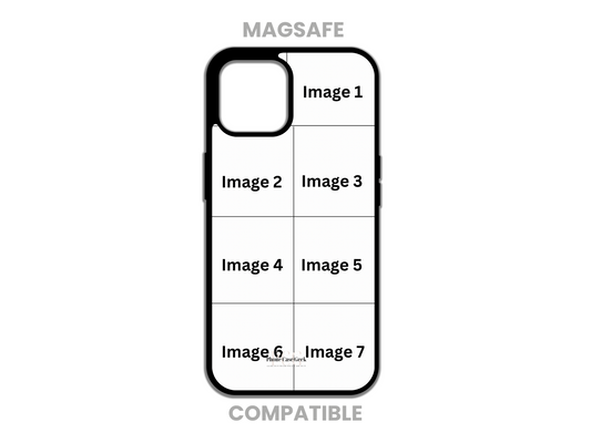 Template layout for a MagSafe-compatible 7-photo collage custom phone case for iPhone, showcasing photo placement options.