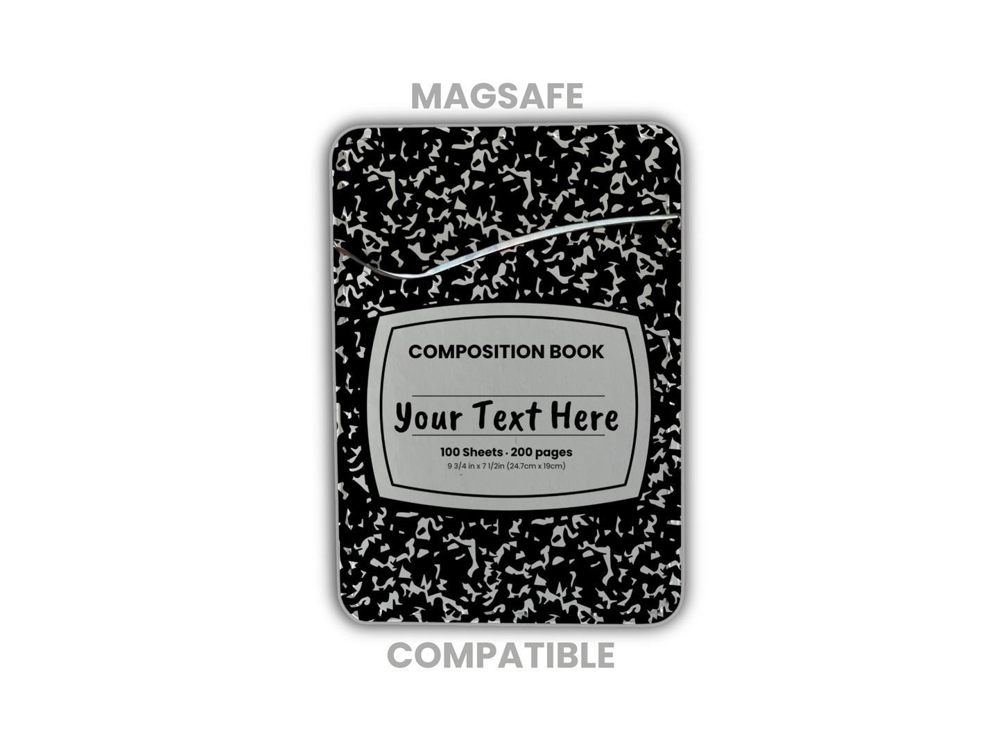 MagSafe compatible phone wallet/card holder with black and white composition notebook design with customizable text on a white background.