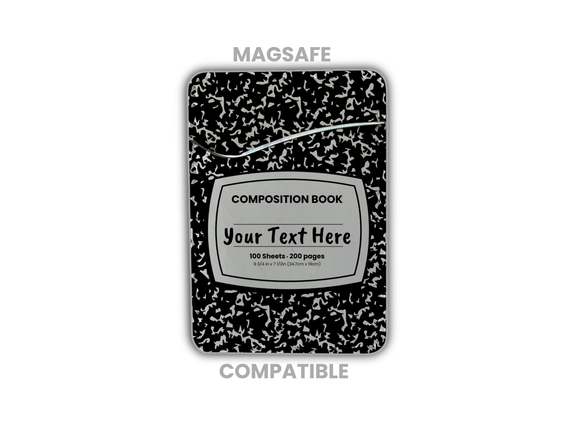 MagSafe compatible phone wallet/card holder with black and white composition notebook design with customizable text on a white background.