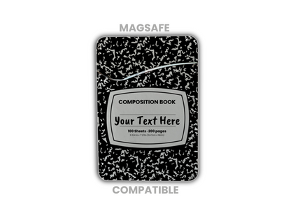 MagSafe compatible phone wallet/card holder with black and white composition notebook design with customizable text on a white background.
