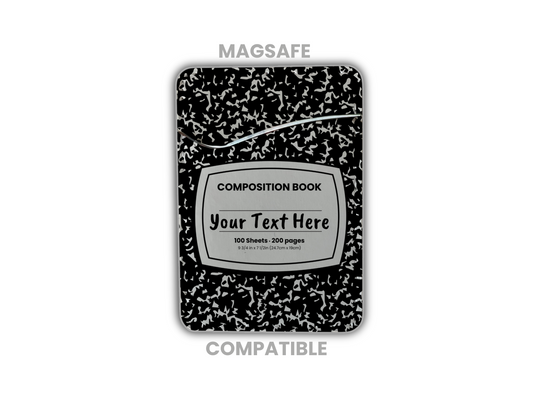 MagSafe compatible phone wallet/card holder with black and white composition notebook design with customizable text on a white background.