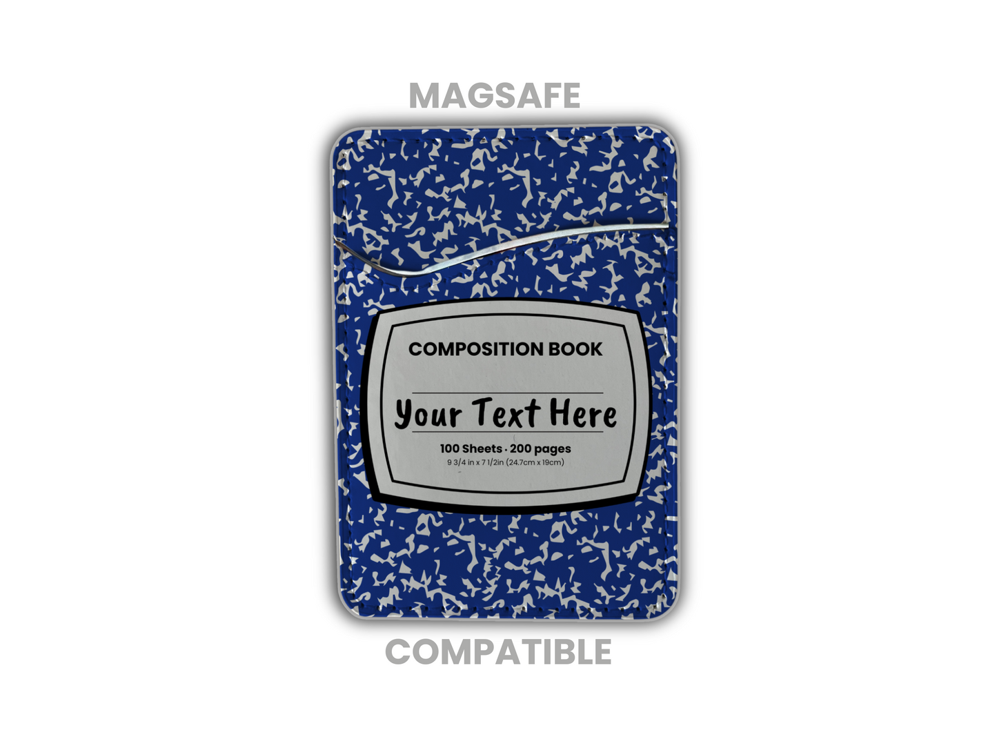 MagSafe compatible phone wallet/card holder with blue and white composition notebook design with customizable text on a white background.