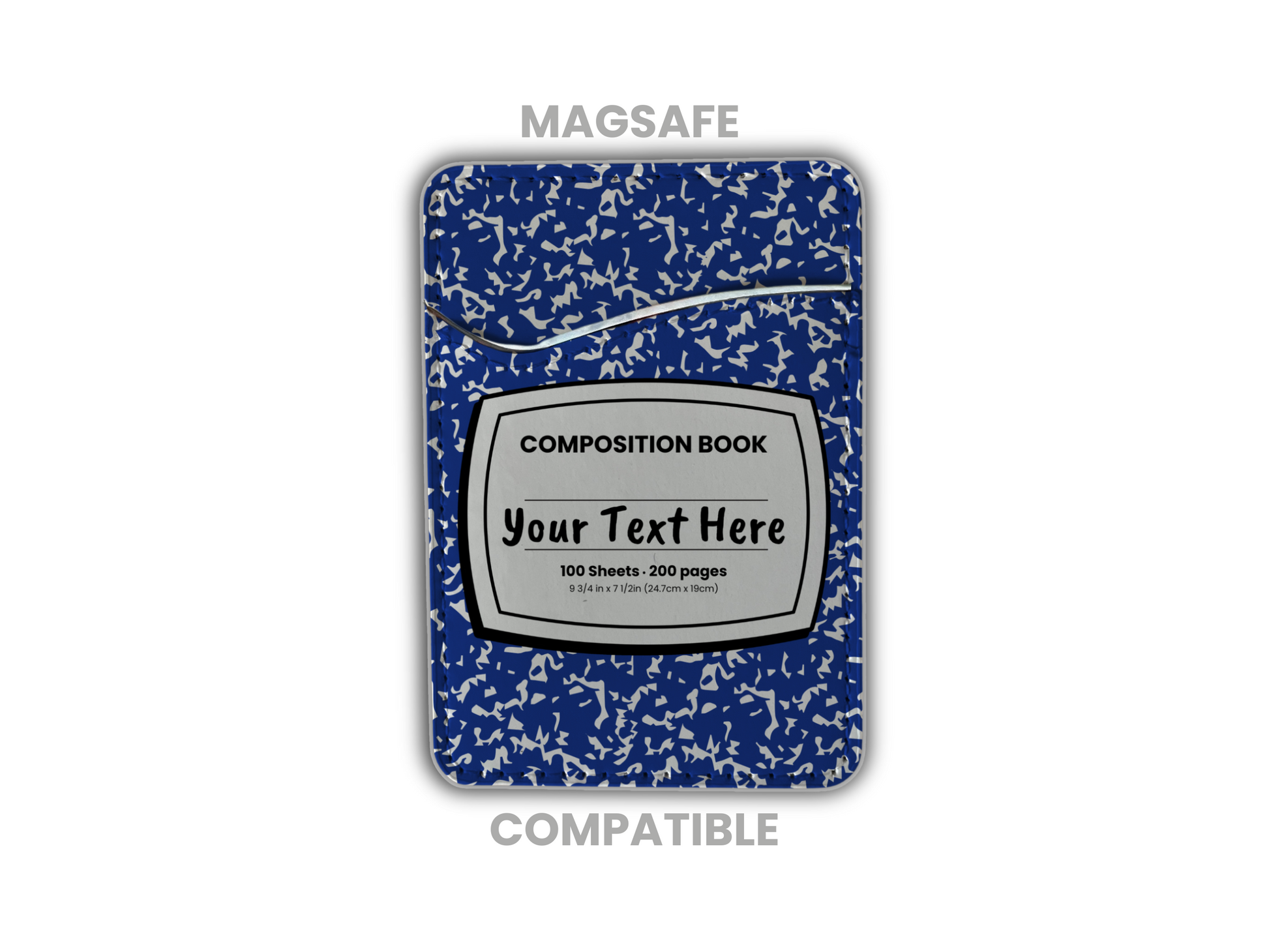 MagSafe compatible phone wallet/card holder with blue and white composition notebook design with customizable text on a white background.