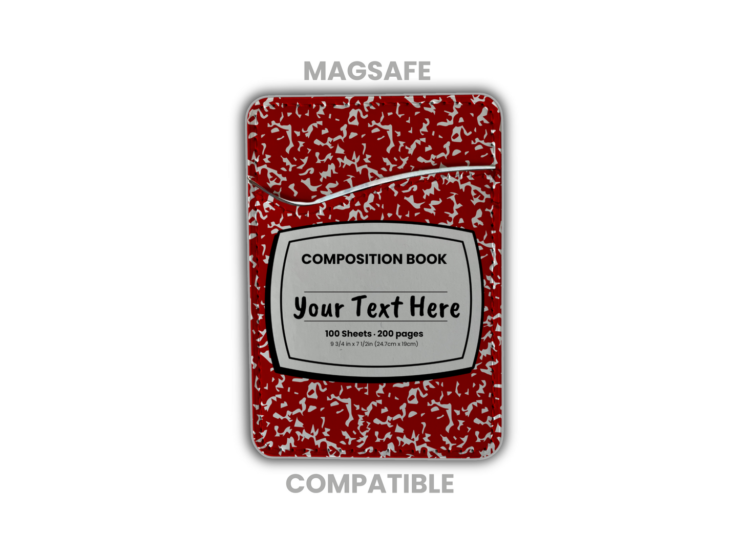 MagSafe compatible phone wallet/card holder with red and white composition notebook design with customizable text on a white background.