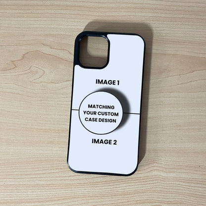 iPhone custom case showing 2 image collage placement with a matching phone grip attached on a wooden surface.
