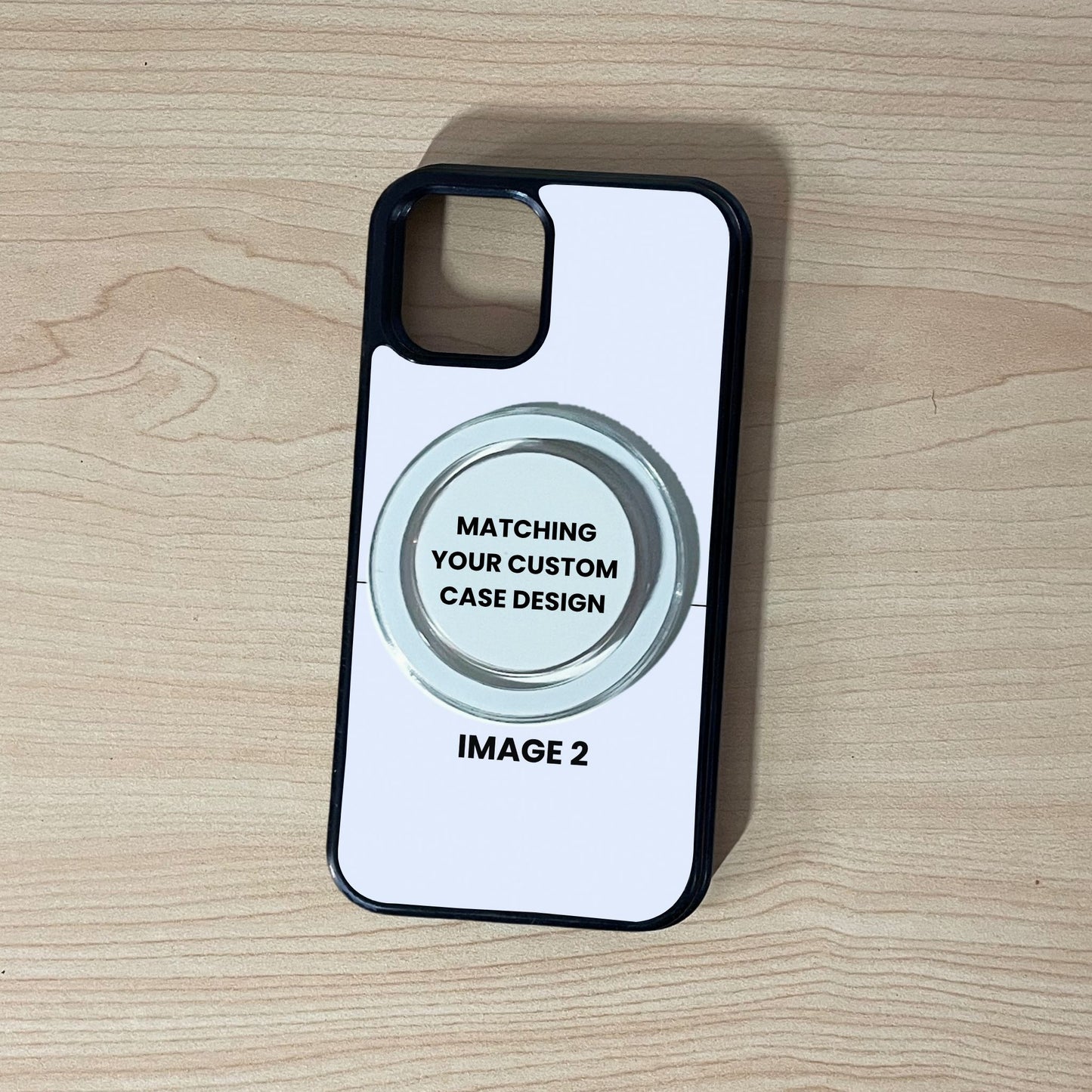 MagSafe iPhone custom case showing 2 image collage placement with a matching MagSafe clear phone grip attached on a wooden surface.