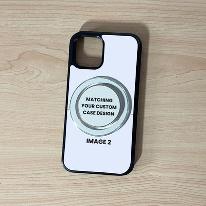 MagSafe iPhone custom case showing 2 image collage placement with a matching MagSafe clear phone grip attached on a wooden surface.