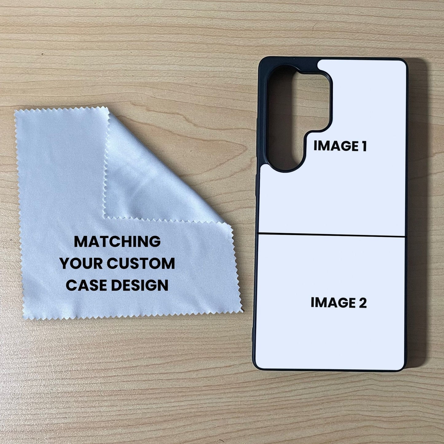 Samsung phone case showing 2 image collage placement next to a matching microfiber screen cleaning cloth on a wooden surface
