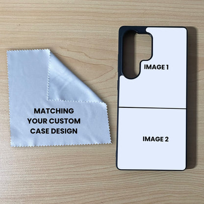 Samsung phone case showing 2 image collage placement next to a matching microfiber screen cleaning cloth on a wooden surface