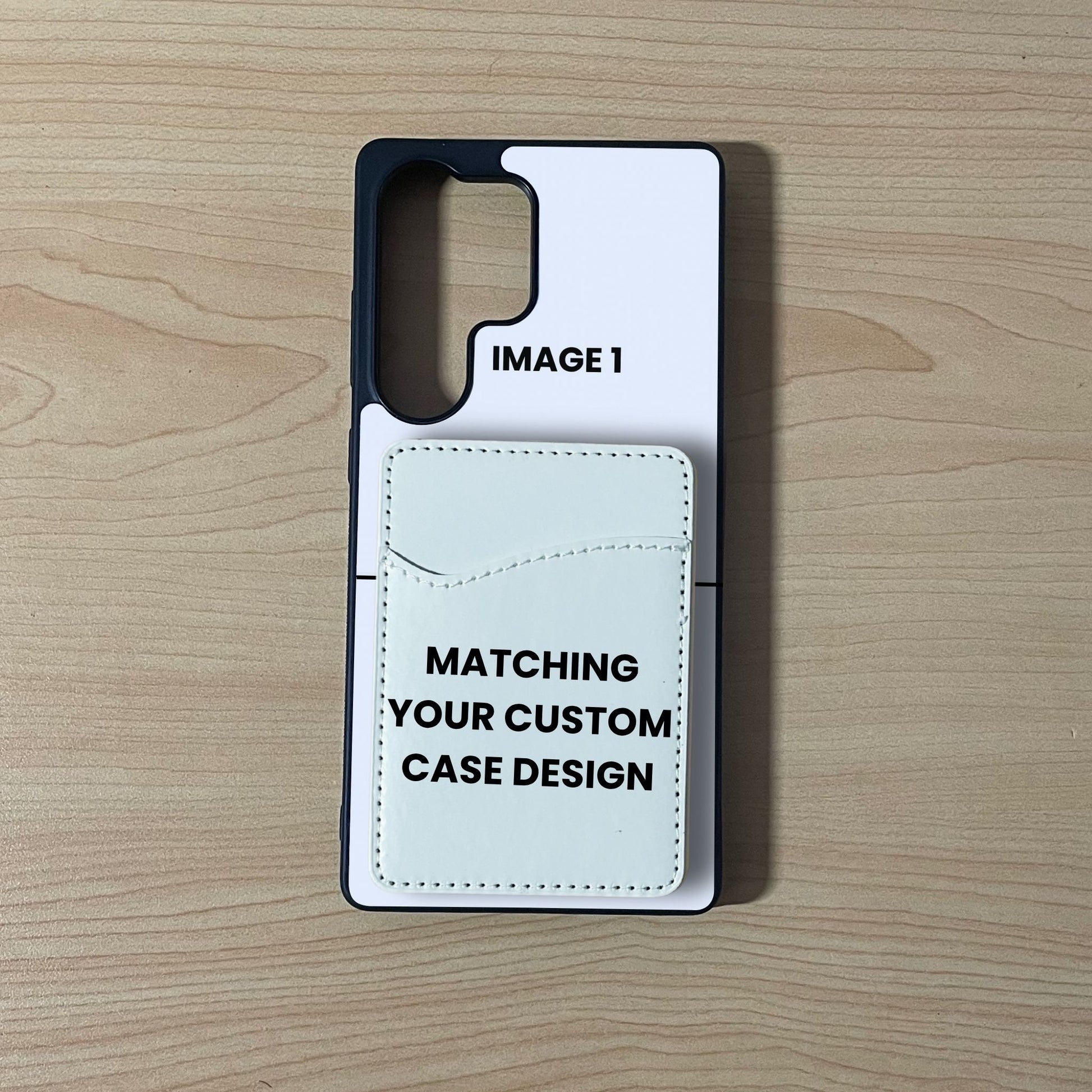 Samsung custom phone case showing 2  image collage placement with a matching adhesive card holder attached on a wooden surface