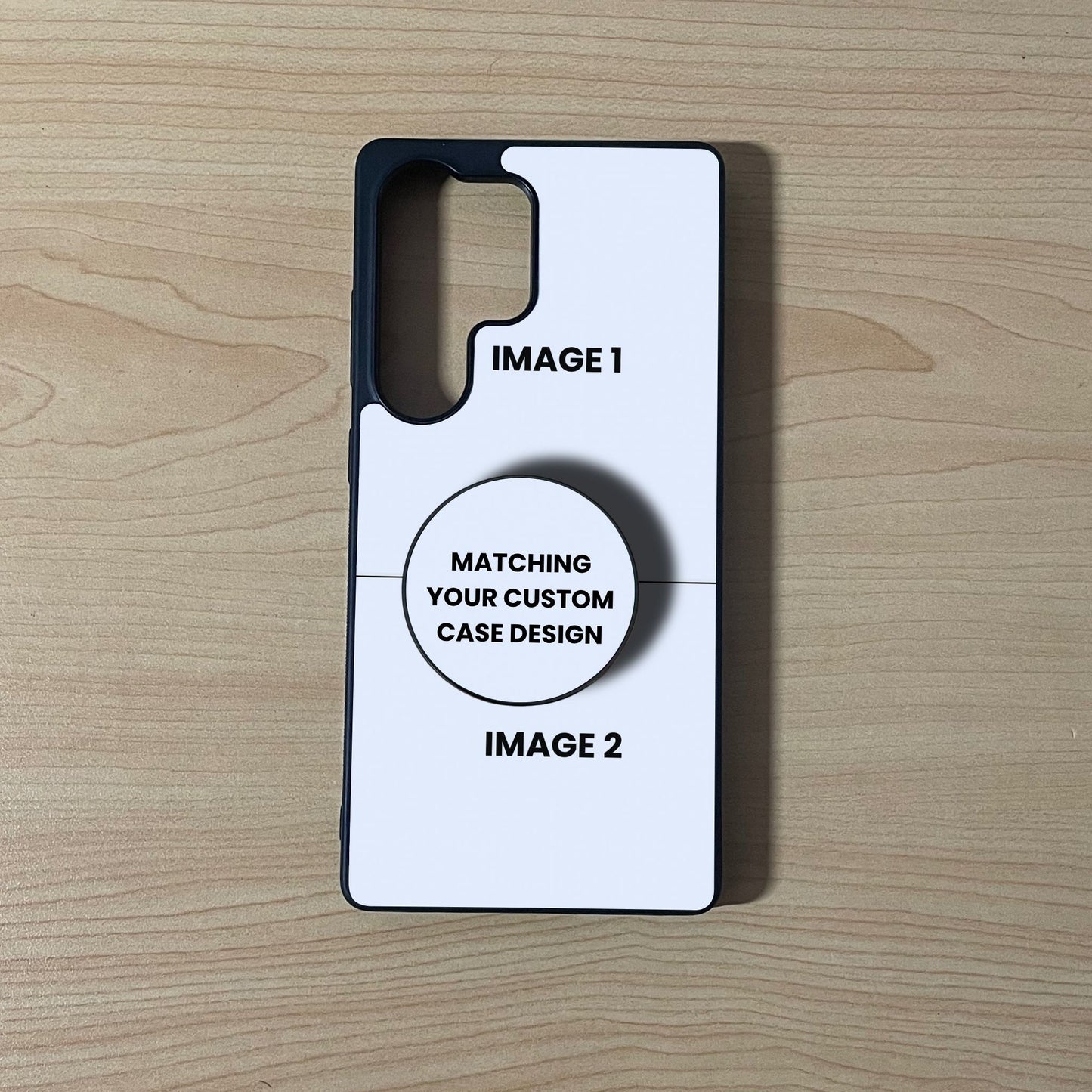 Samsung custom phone case showing 2 photo collage placement with a matching adhesive phone grip attached on a wooden background.