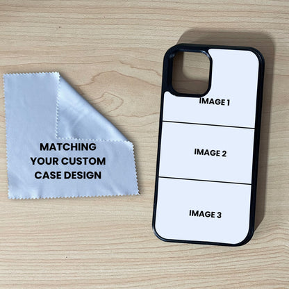 iPhone custom case showing 3 image collage placement and a matching microfiber screen cleaning cloth on a wooden surface.