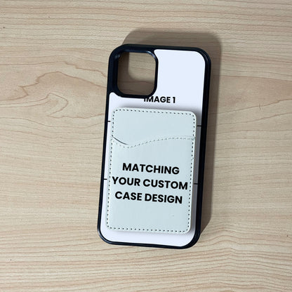 iPhone custom case showing 3 image collage placement with a matching phone card holder attached a wooden surface.