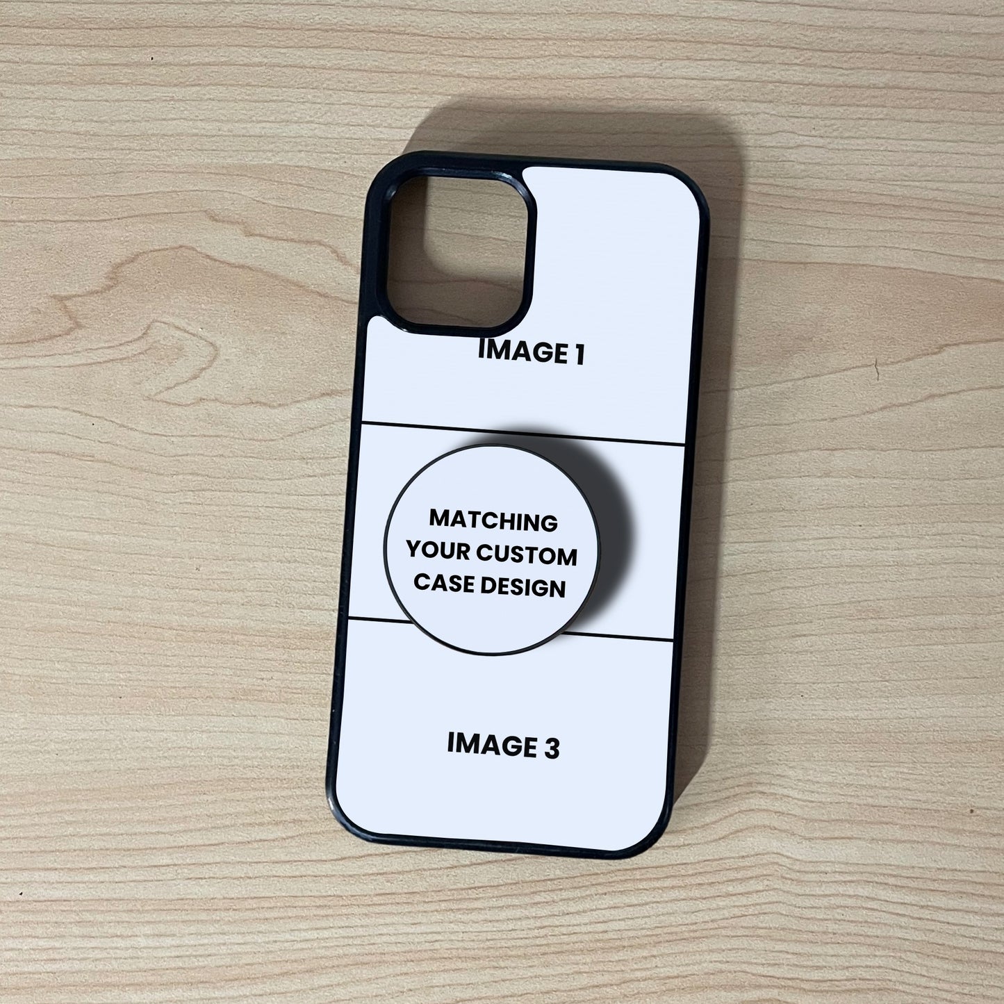 iPhone custom case showing 3 image collage placement with a matching phone grip attached on a wooden surface.