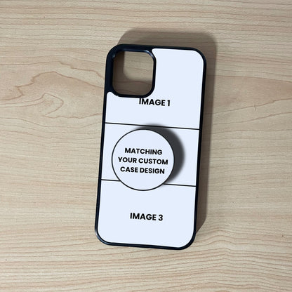 iPhone custom case showing 3 image collage placement with a matching phone grip attached on a wooden surface.