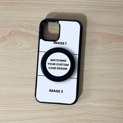 MagSafe iPhone custom case showing 3 image collage placement with a matching MagSafe black phone grip attached on a wooden surface.