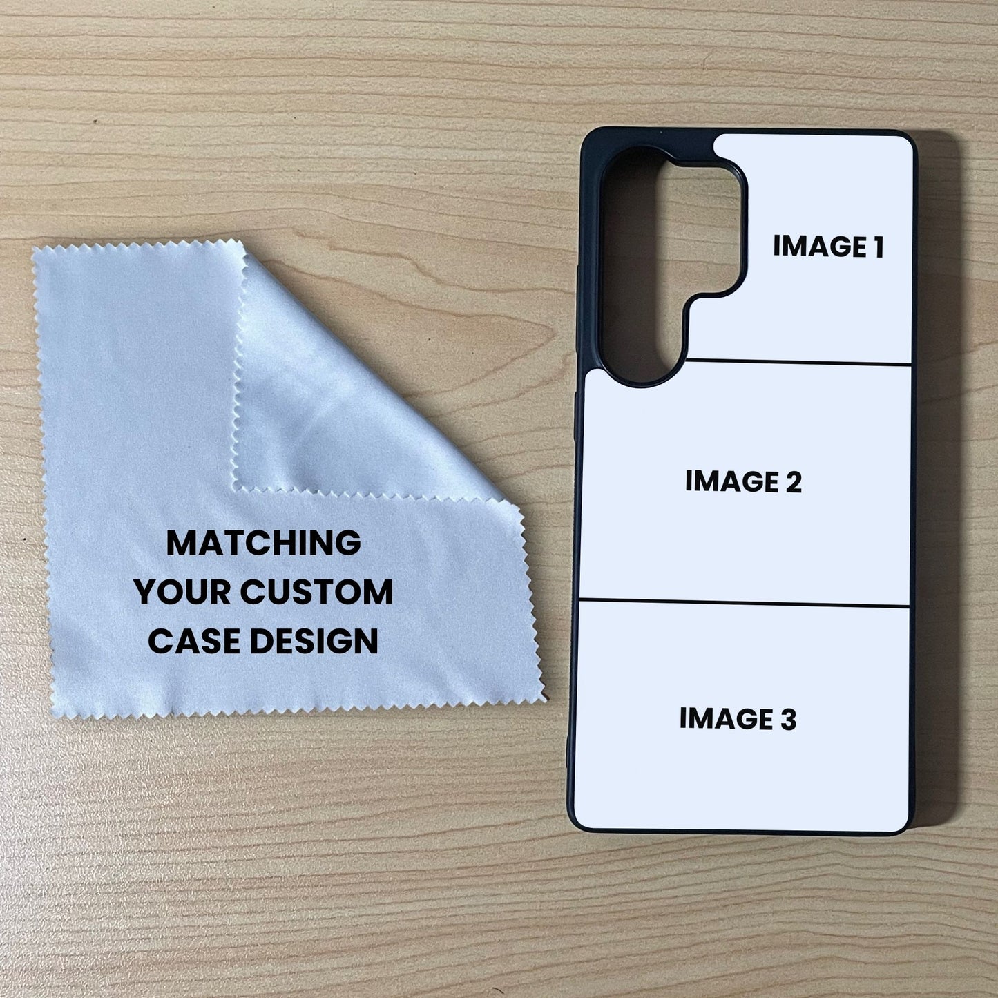 Samsung phone case showing 3 image collage placement next to a matching microfiber screen cleaning cloth on a wooden surface