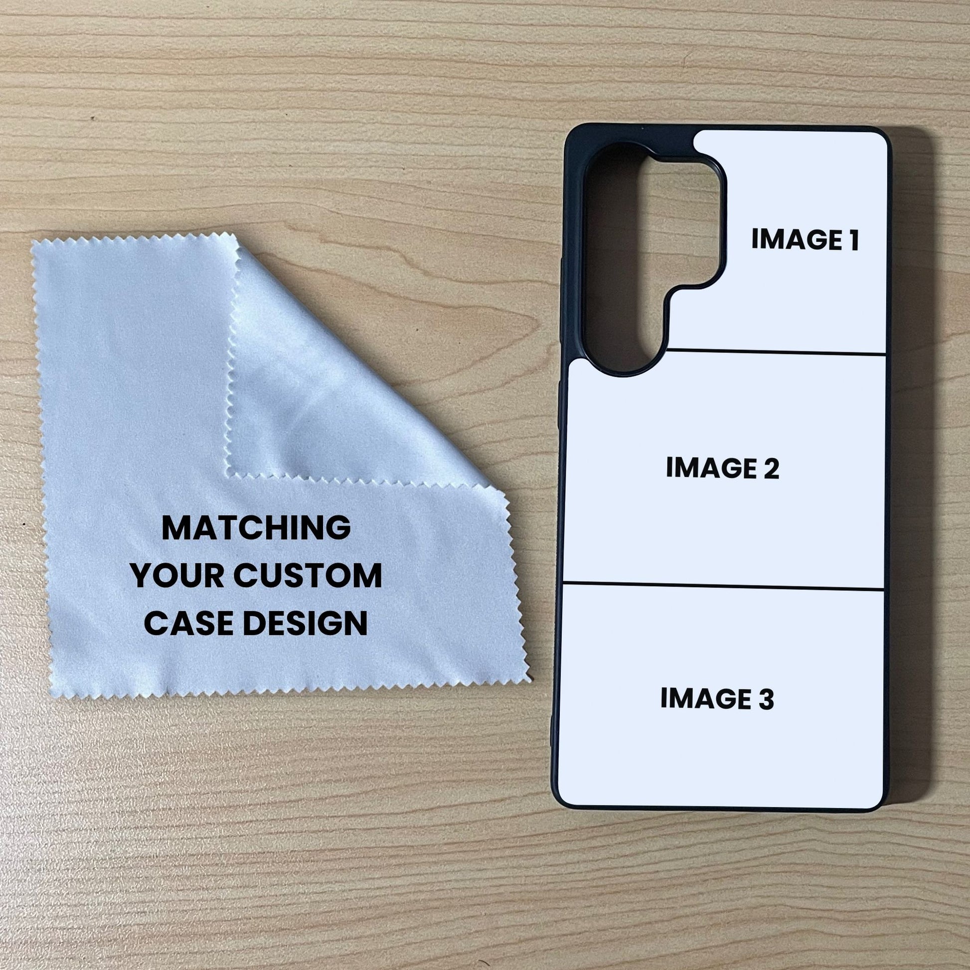 Samsung phone case showing 3 image collage placement next to a matching microfiber screen cleaning cloth on a wooden surface