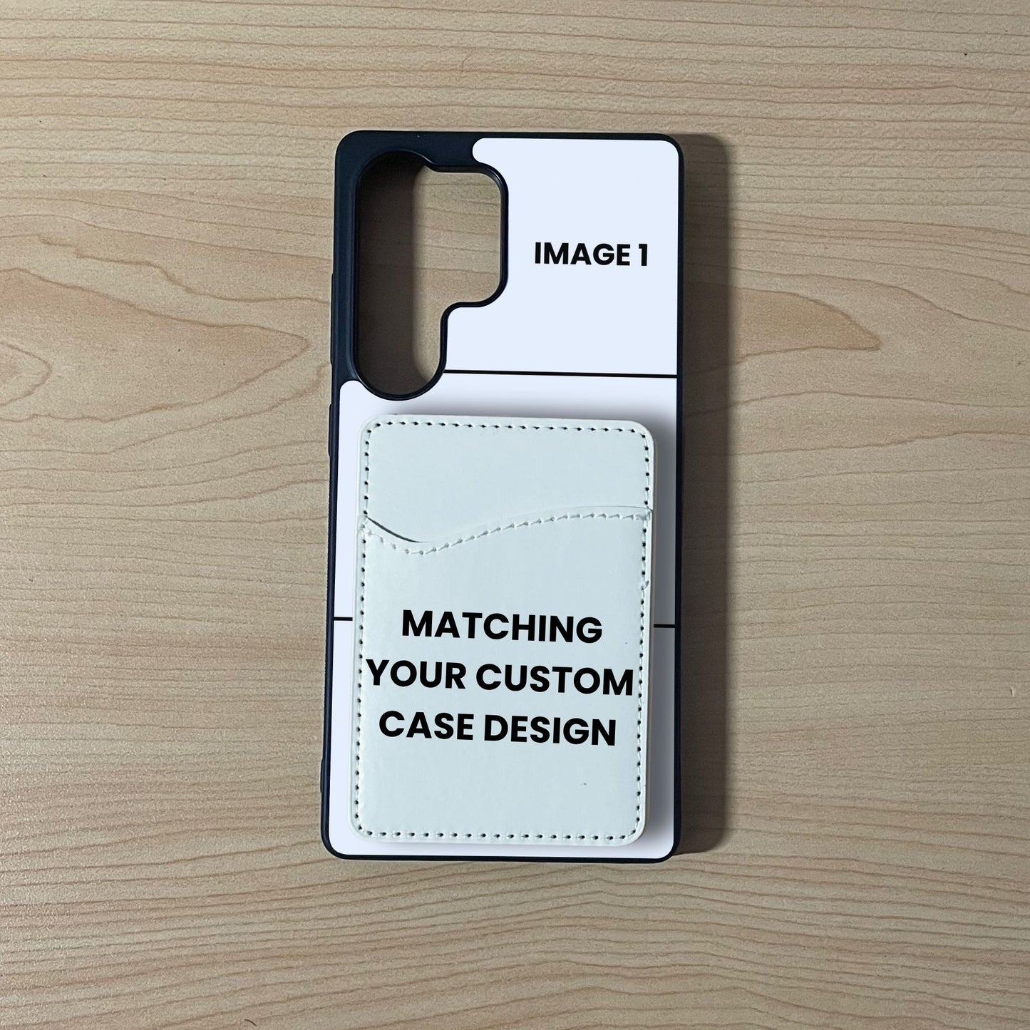 Samsung custom phone case showing 3  image collage placement with a matching adhesive card holder attached on a wooden surface