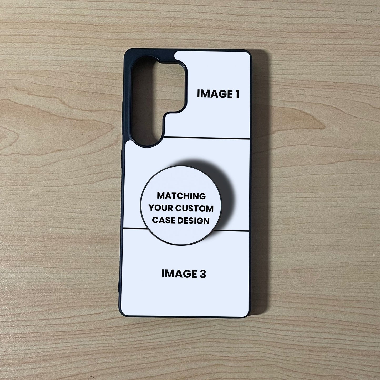 Samsung custom phone case showing 3 photo collage placement with a matching adhesive phone grip attached on a wooden background.