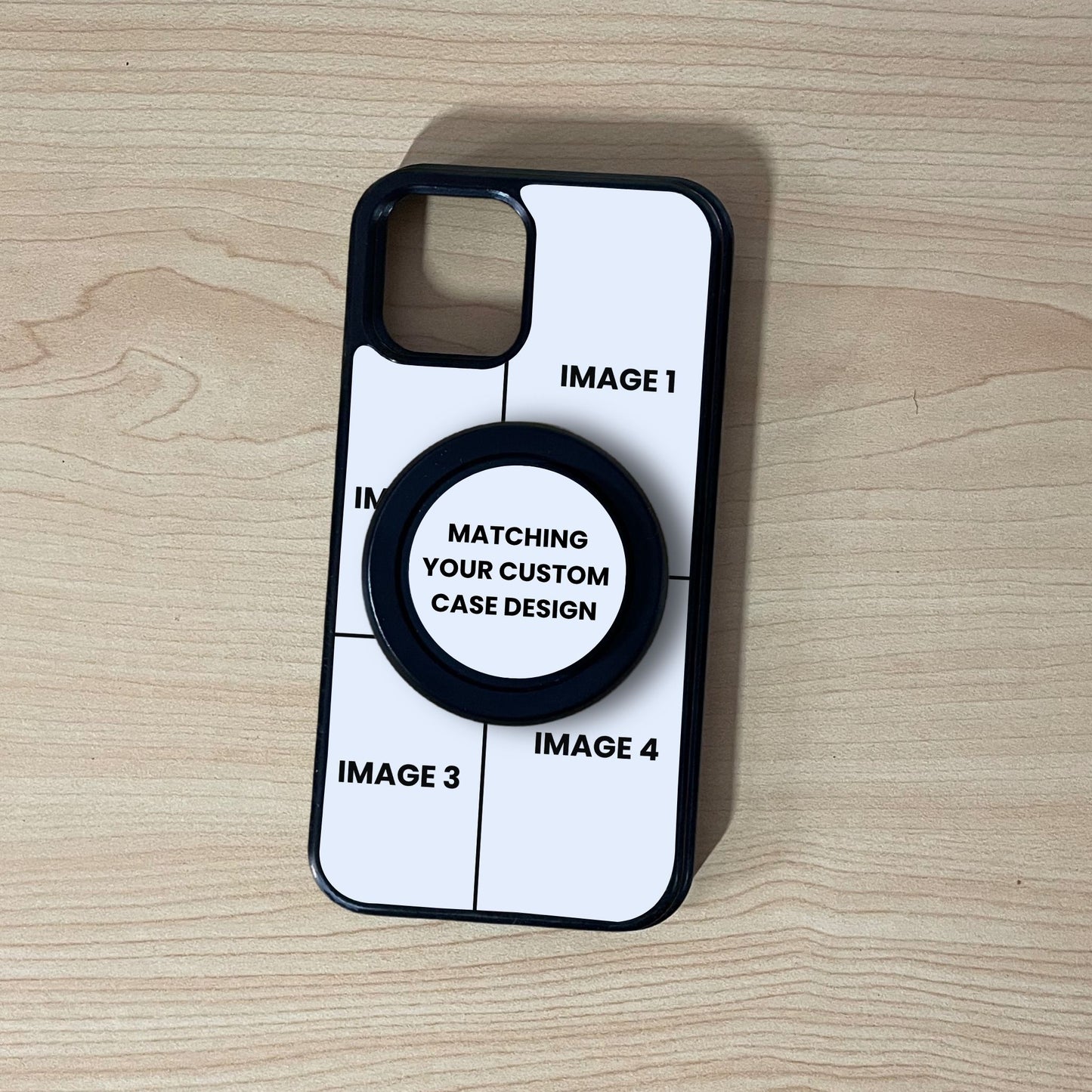 MagSafe iPhone custom case showing 4 image collage placement with a matching MagSafe black phone grip attached on a wooden surface.