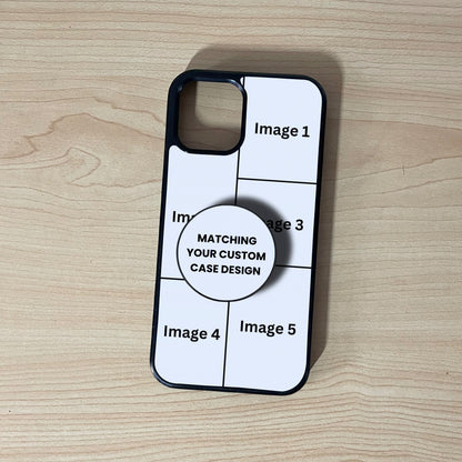 iPhone custom case showing 5 image collage placement with a matching phone grip attached on a wooden surface.