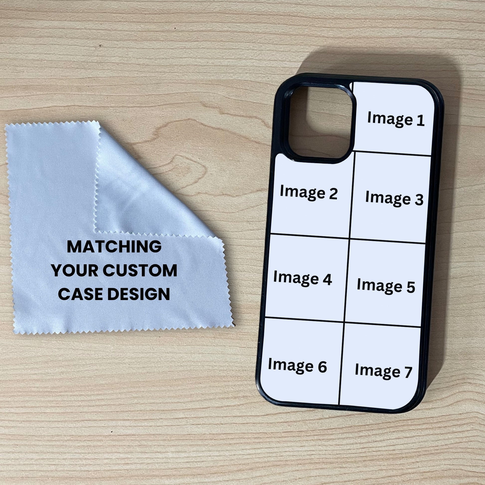 iPhone custom case showing 7 image collage placement and a matching microfiber screen cleaning cloth on a wooden surface.