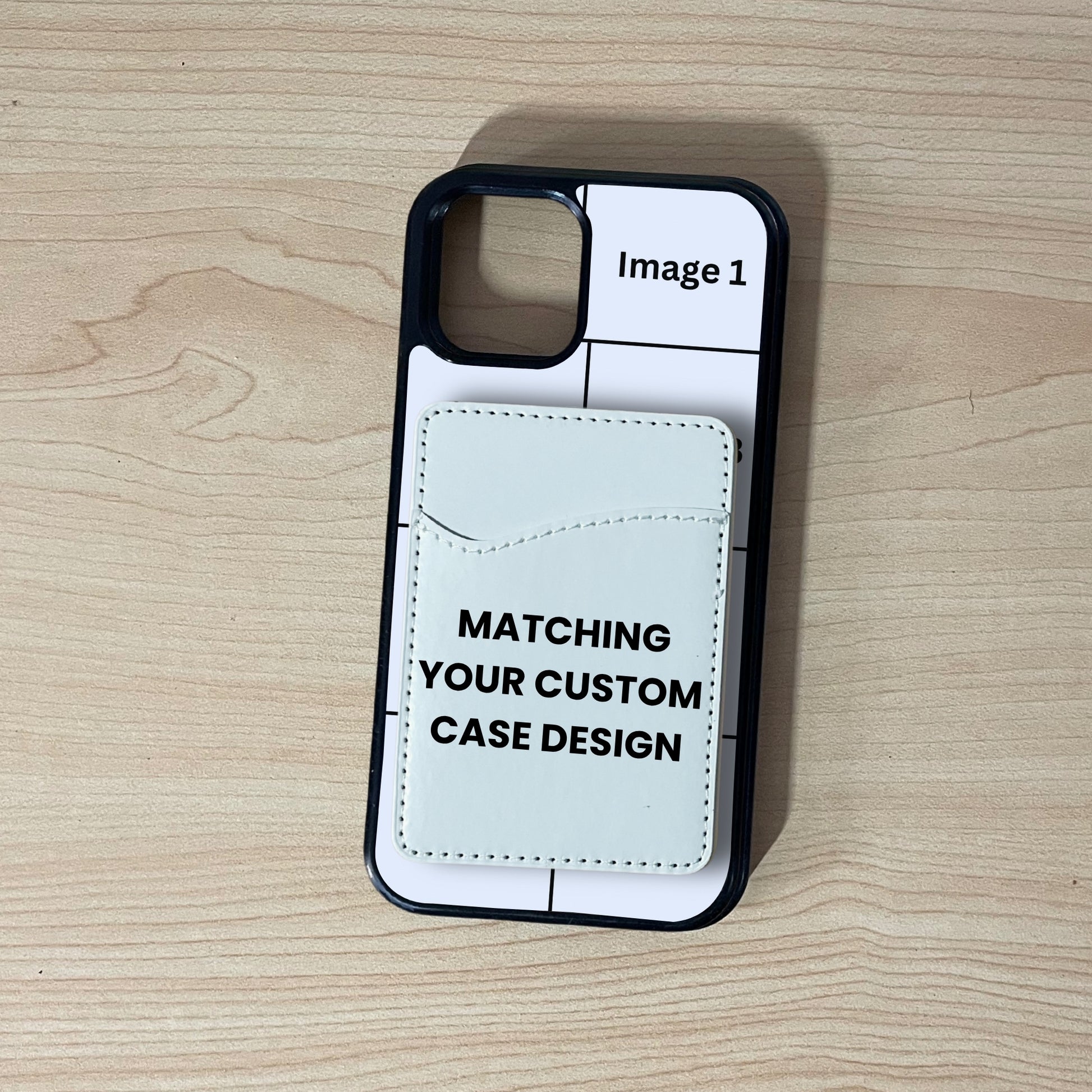 iPhone custom case showing 7 image collage placement with a matching phone card holder attached a wooden surface.