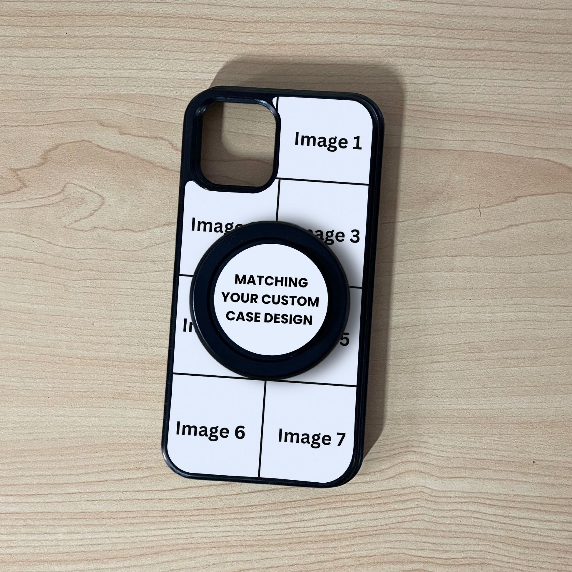 MagSafe iPhone custom case showing 7 image collage placement with a matching MagSafe black phone grip attached on a wooden surface.
