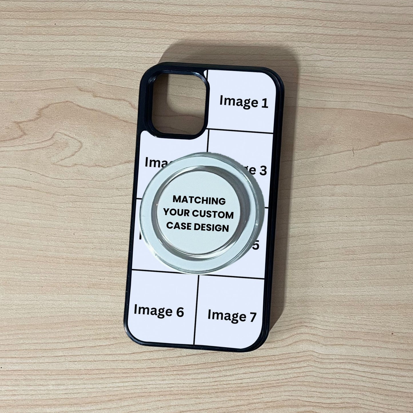 MagSafe iPhone custom case showing 7 image collage placement with a matching MagSafe clear phone grip attached on a wooden surface.