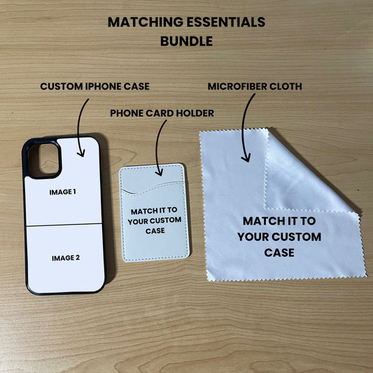 Custom 2 photo collage iPhone case, card holder, and microfiber cloth showing bundle set and image placement on a wooden surface