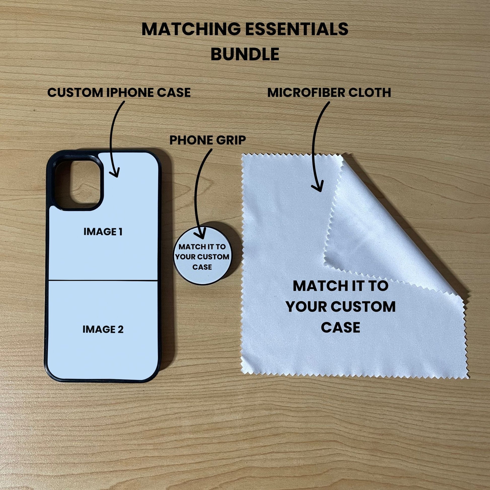 Custom 2 photo collage phone case, grip, and microfiber cloth showing bundle set and image placement on a wooden surface