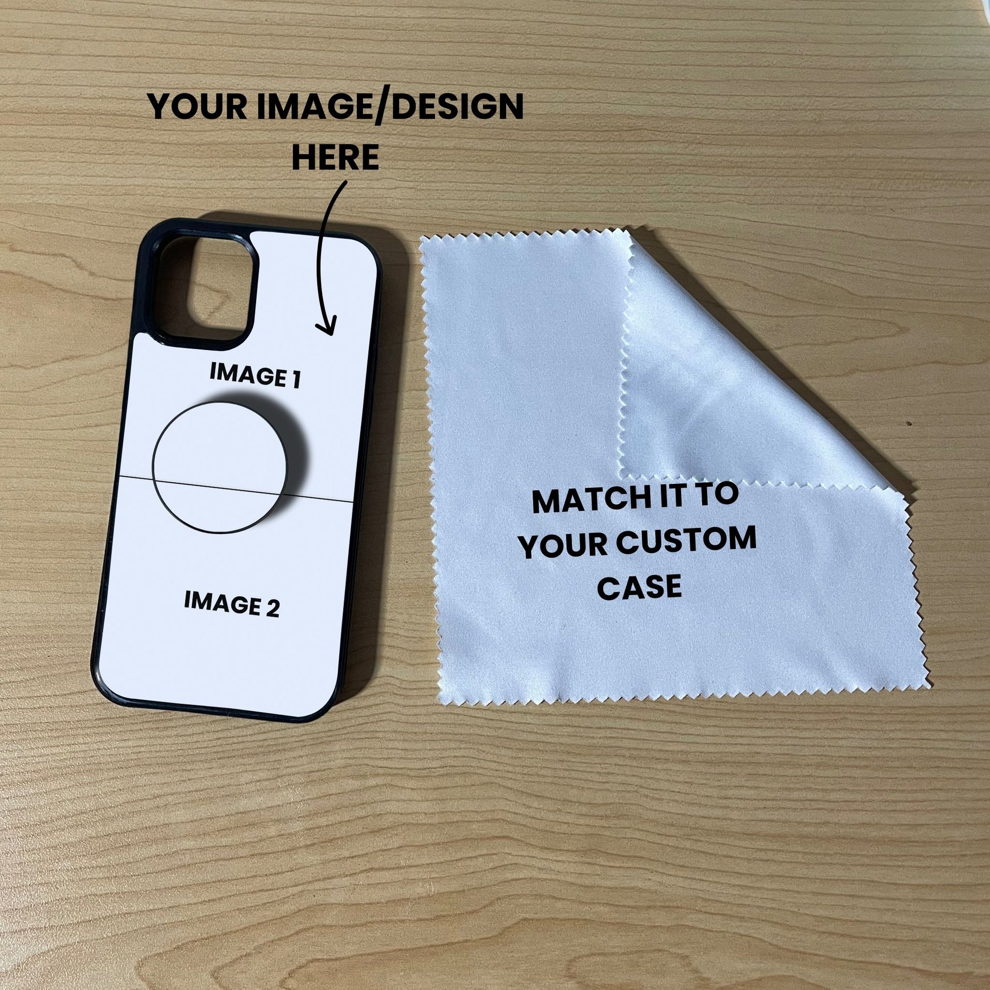 Custom 2 photo iPhone case with phone grip and cleaning cloth on a wooden surface with text overlay showing image placement.