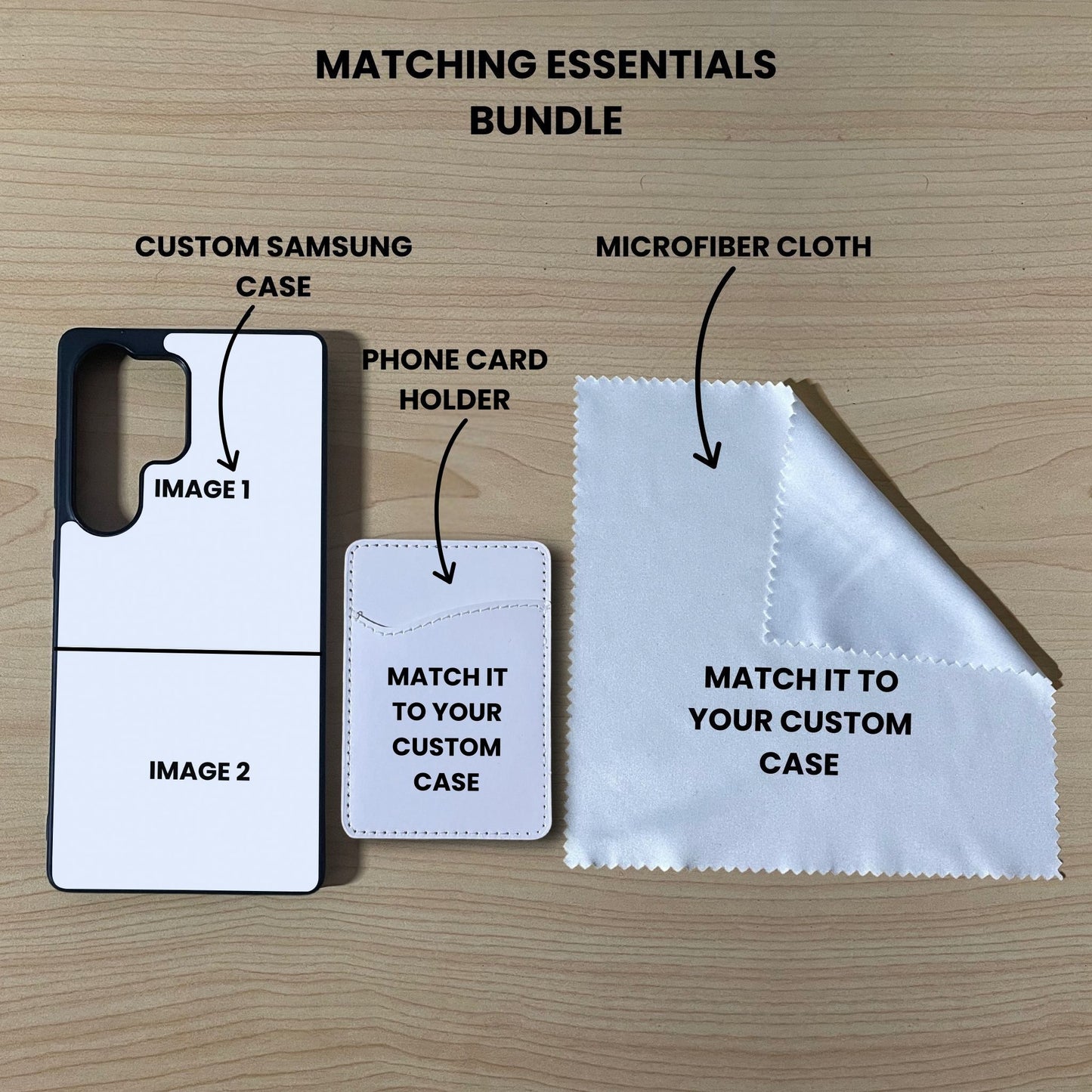 Custom 2 photo collage Samsung phone case, card holder, and microfiber cloth showing bundle set and image placement on a wooden surface