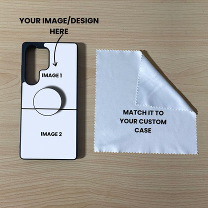 Custom 2 photo collage Samsung Galaxy case with phone grip and cleaning cloth on a wooden surface with text overlay showing image placement.