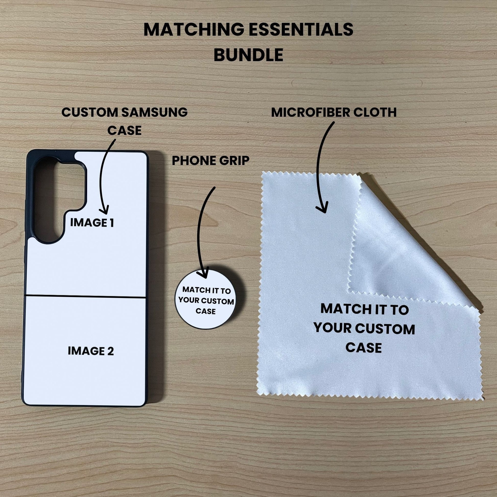 Custom 2 photo collage Samsung phone case, grip, and microfiber cloth showing bundle set and image placement on a wooden surface