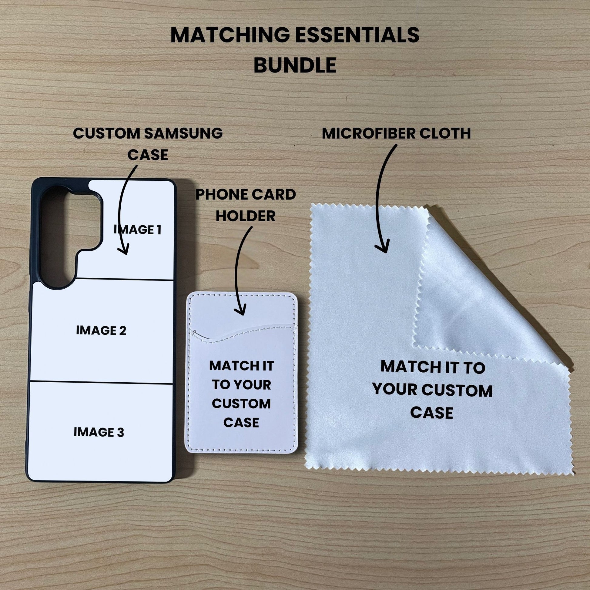 Custom 3 photo collage Samsung phone case, card holder, and microfiber cloth showing bundle set and image placement on a wooden surface