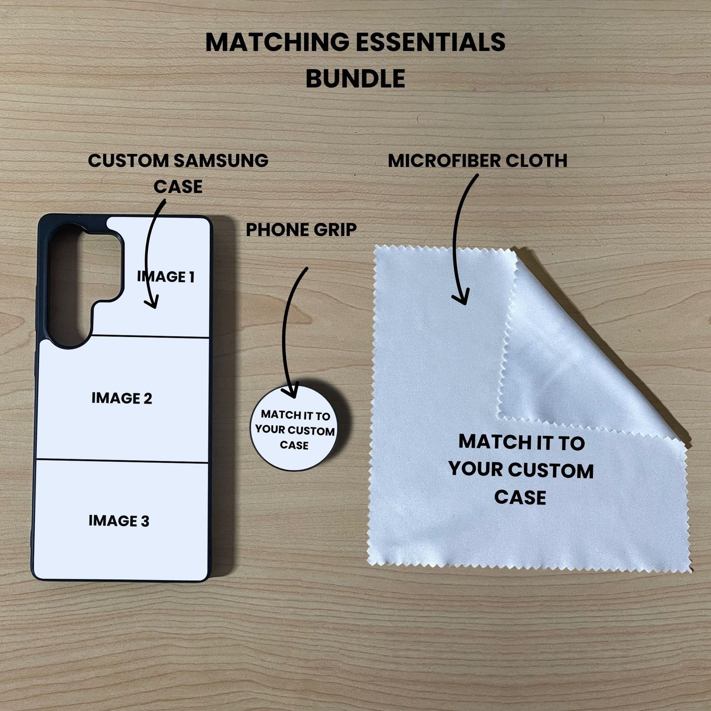 Custom 3 photo collage Samsung phone case, grip, and microfiber cloth showing bundle set and image placement on a wooden surface