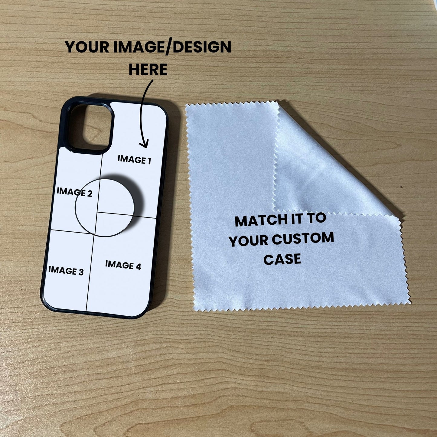 Custom 4 photo iPhone case with phone grip and cleaning cloth on a wooden surface with text overlay showing image placement.