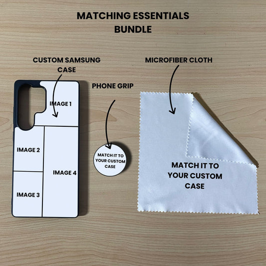 Custom 4 photo collage Samsung phone case, grip, and microfiber cloth showing bundle set and image placement on a wooden surface