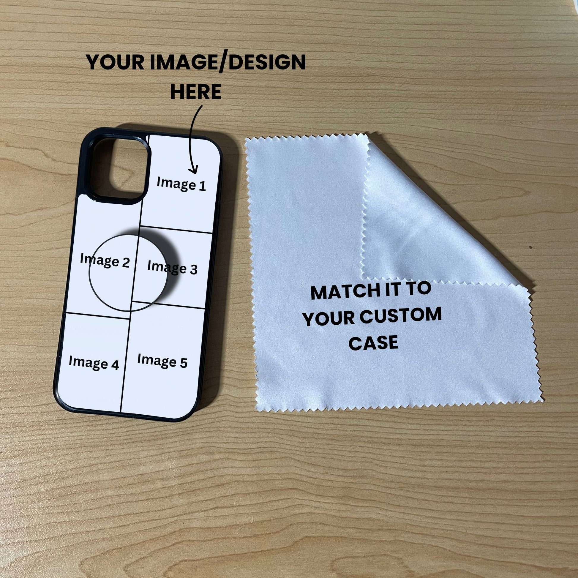 Custom 5 photo iPhone case with phone grip and cleaning cloth on a wooden surface with text overlay showing image placement.