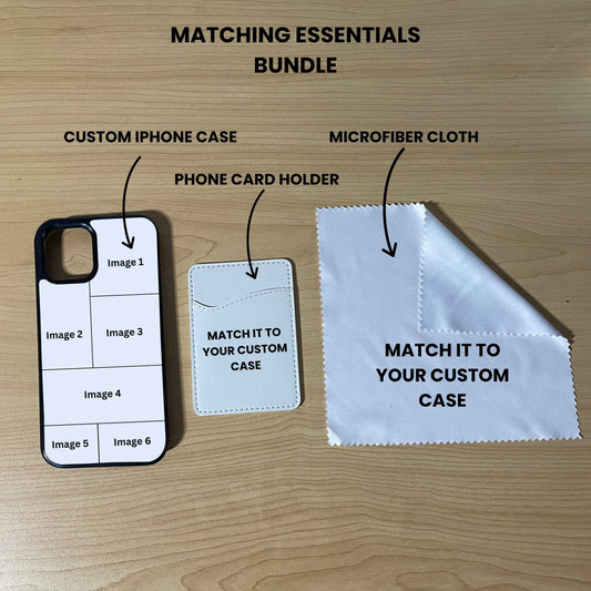 Custom 6 photo collage iPhone case, card holder, and microfiber cloth showing bundle set and image placement on a wooden surface